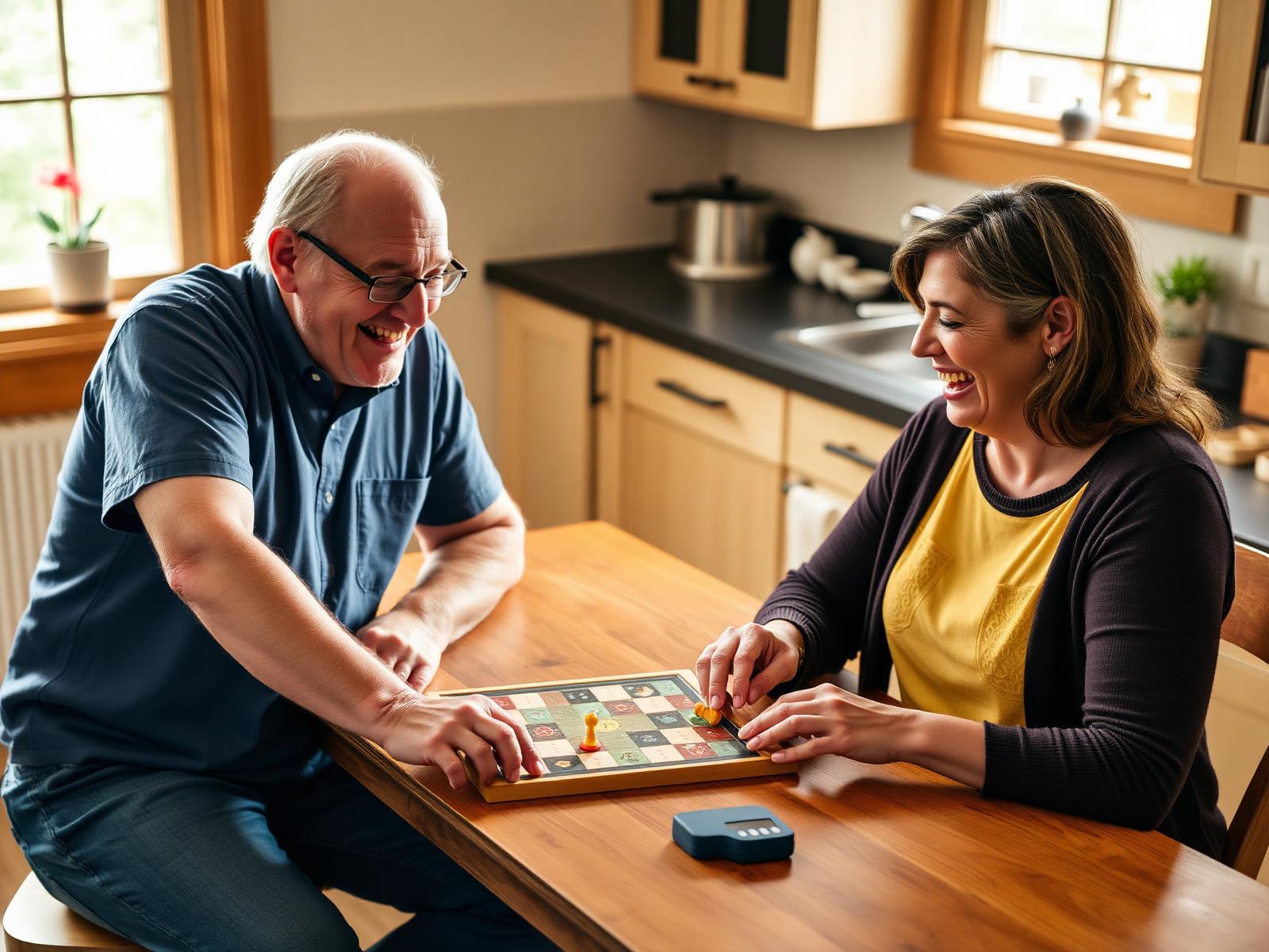 Senior and companion playing board game